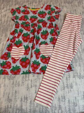 Mini Boden Strawberry Dress & Striped Leggings Set 8-9Y
